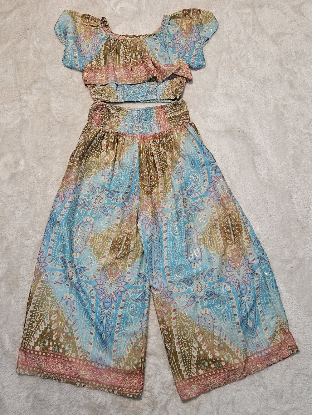 NEW Bohemian Wide Leg Pants Crop Top Set Size OS Blue Summer Feminine Paisley - Picture 9 of 11